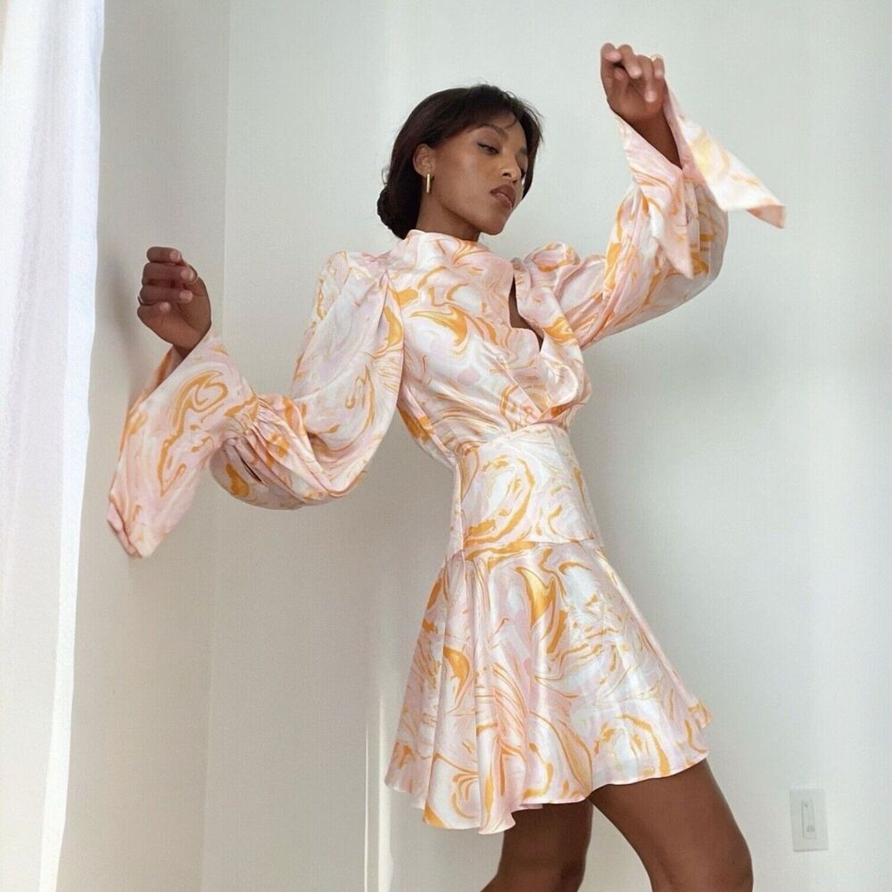 Acler Coleman Printed Mini Dress in Pink Orange Marble Swirl Size 6